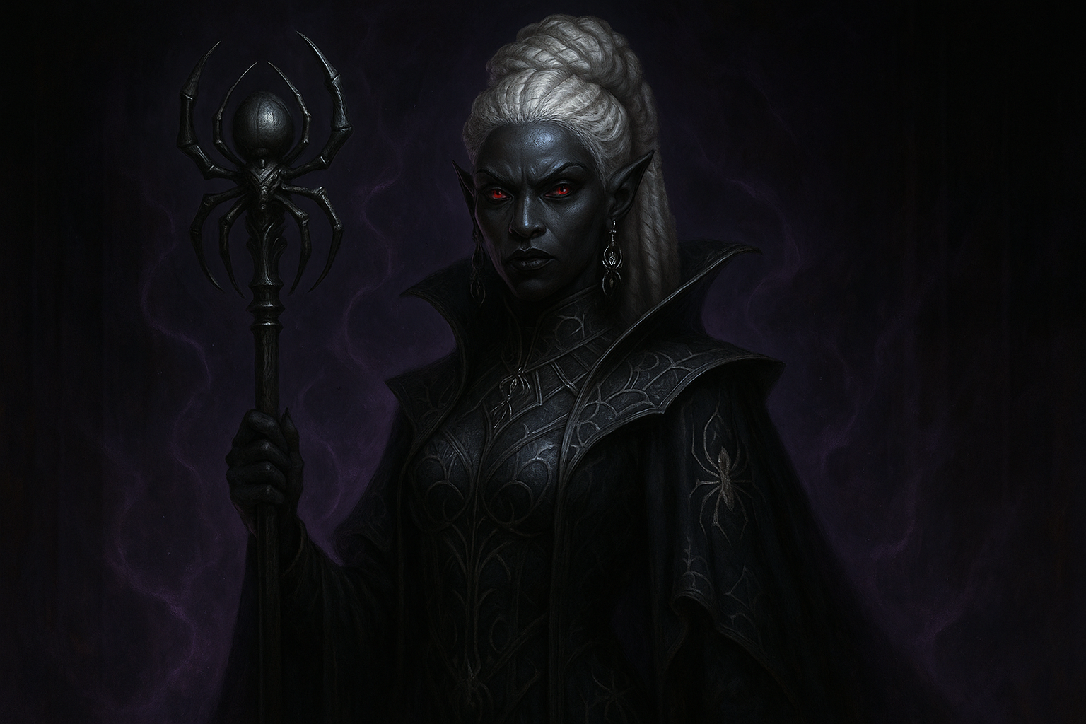 A powerful drow priestess of Lolth with ebony skin, white hair, and ornate spider silk robes radiating authority