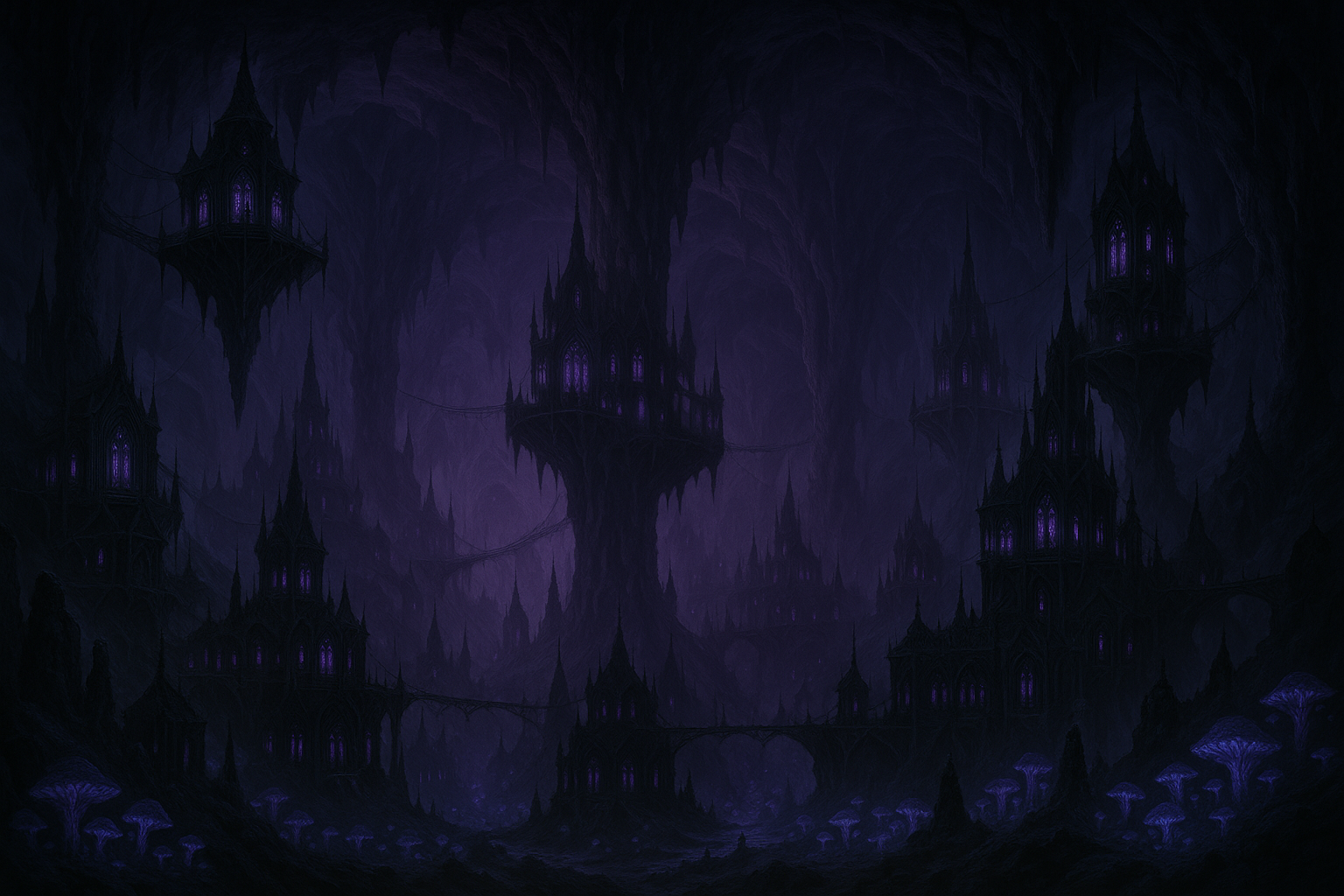 A magnificent drow city carved into the Underdark caverns, with buildings suspended from stalactites and glowing with magical faerie fire