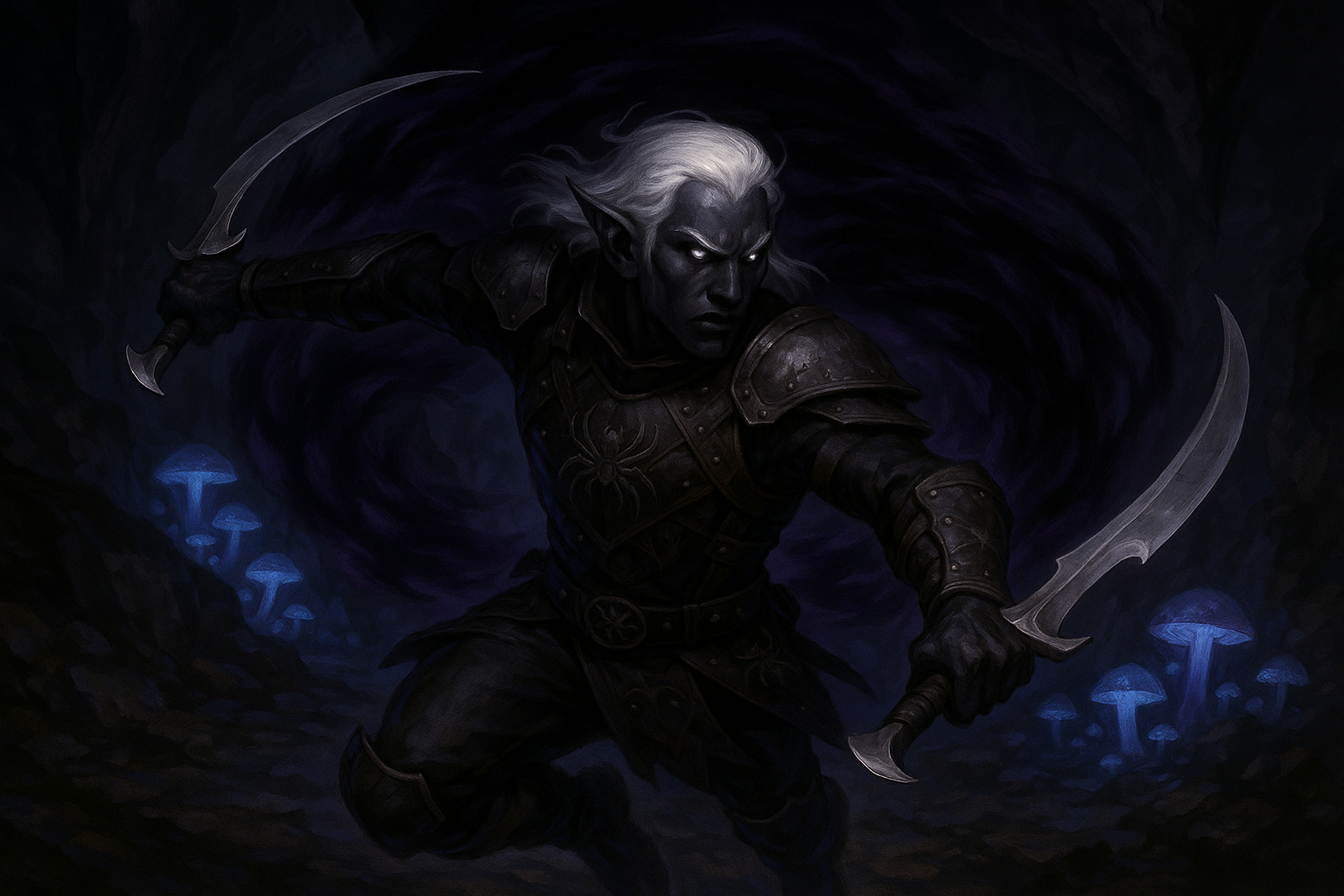 A drow weapons master in dynamic combat with dual scimitars, demonstrating the speed and precision of drow martial arts