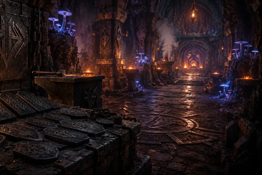Underdark forge corridor with black iron tablets, chains, glowing mushrooms, and clan emblems