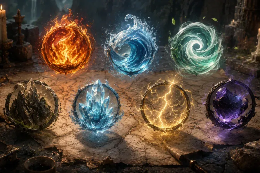 Elemental tokens for fire, water, air, earth, ice, lightning, and shadow above an ancient map