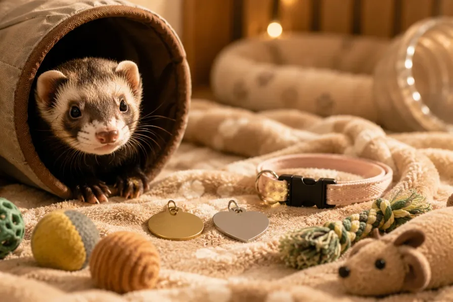 Playful ferret peeking from a fabric tunnel beside tiny toys, a soft blanket, and blank collar tags