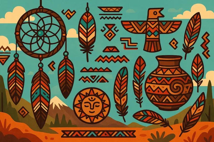 Traditional Indigenous cultural symbols including dreamcatchers, feathers, and sacred patterns representing various tribal traditions
