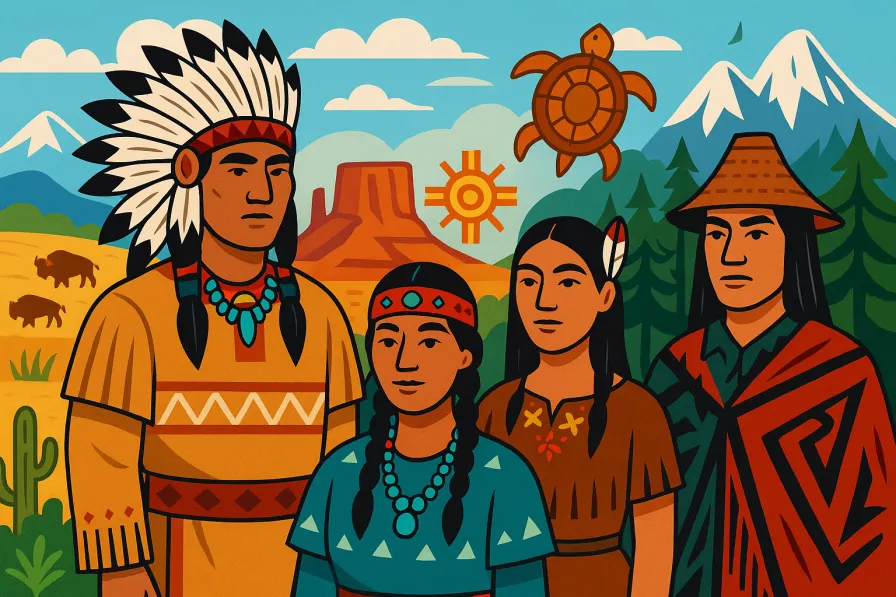 Artistic representation showing the diversity of Native American tribes across different regions, featuring traditional clothing, symbols, and landscapes