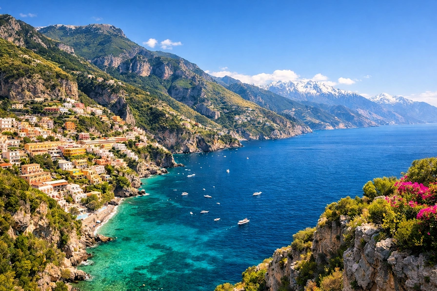 Italian coastal landscape with Mediterranean villages on cliffs and Alpine mountains