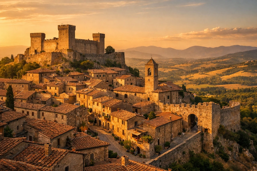 Medieval Italian castello fortress on hilltop with stone walls and Tuscan countryside