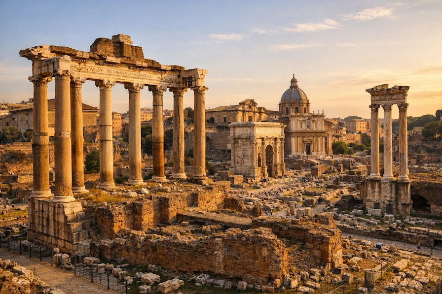 Ancient Roman Forum ruins in Italy showcasing classical columns and historical architecture