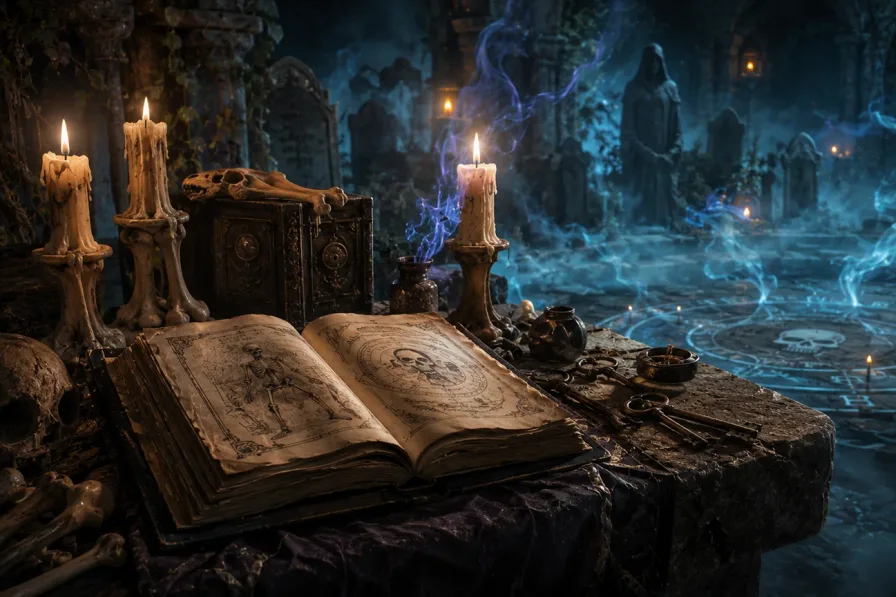 Forbidden necromancer tome with bone candles, cemetery keys, spectral smoke, and a chalk circle