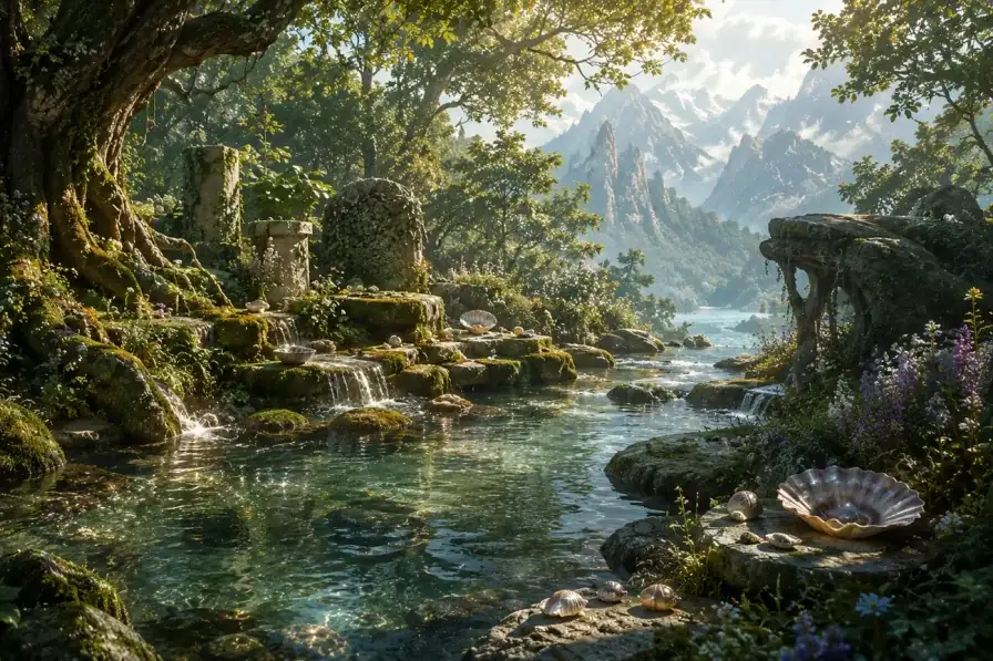Sacred forest spring with wildflowers, oak roots, shells, and mountain mist for nymph naming inspiration