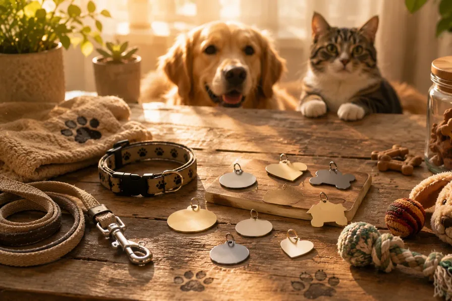 Cozy pet naming table with blank collar tags, toys, leash, treats, paw prints, and soft sunlight