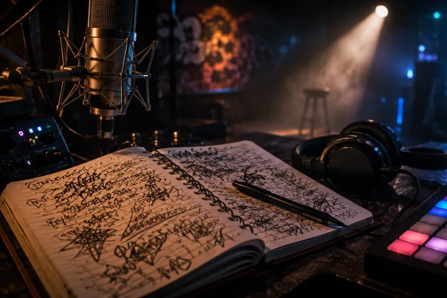 Late-night rap studio desk with a lyric notebook, microphone, headphones, and beat pad lights