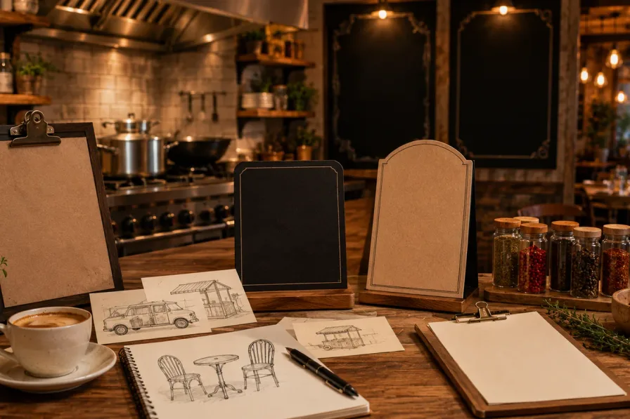 Restaurant naming concept table with blank menu boards, a cafe cup, spice jars, and food truck cards