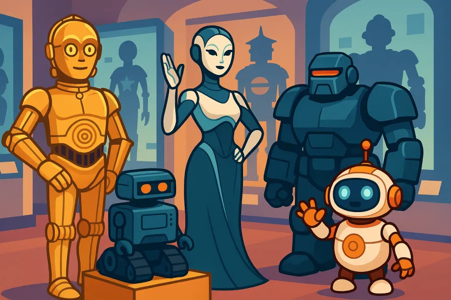 Famous robots from science fiction including humanoid androids and mechanical characters in various cultural settings