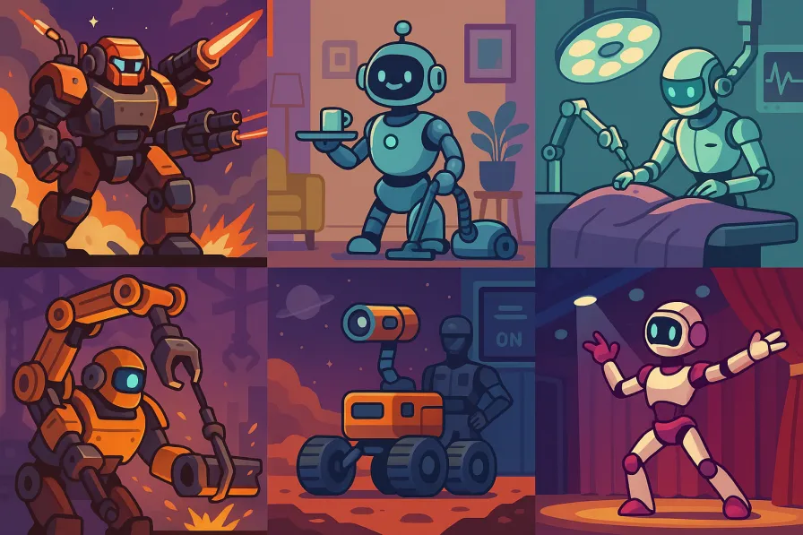 Different types of robots showing combat units, service droids, medical bots, and entertainment androids in futuristic settings