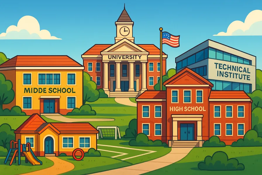 Various educational buildings representing different school levels from elementary to university in a campus setting