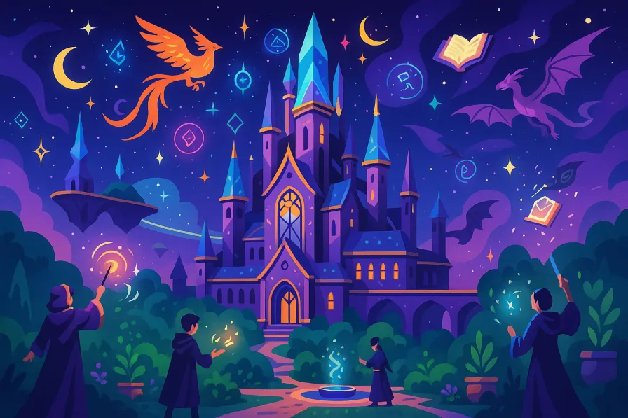 Fantastical magical academy with crystal towers, floating islands, and mystical learning environments