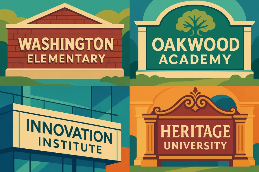 School entrance signs and nameplates representing different naming traditions from various historical eras