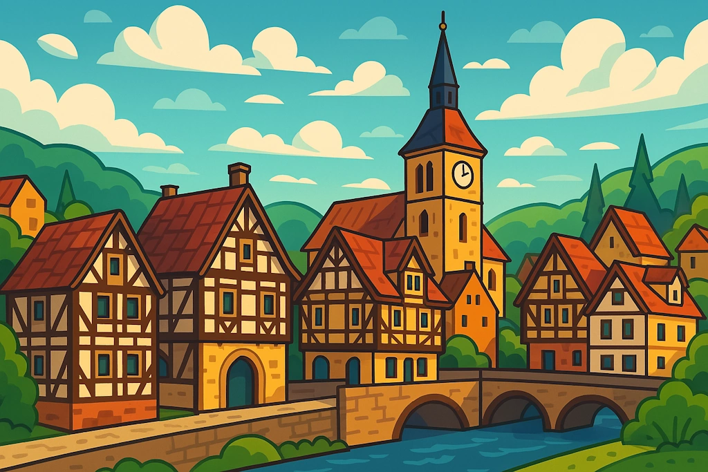 Generate authentic German city names, drawing from medieval traditions, historical landmarks, and Germanic linguistic roots.
